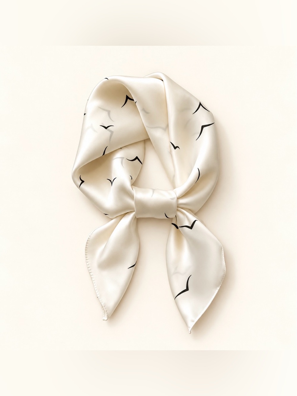 Elegant Cream Bird-Print Silk Scarf